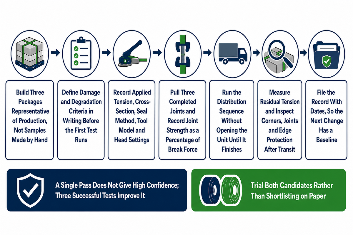 Seven-stage package trial sequence from representative packages through to a dated filed record