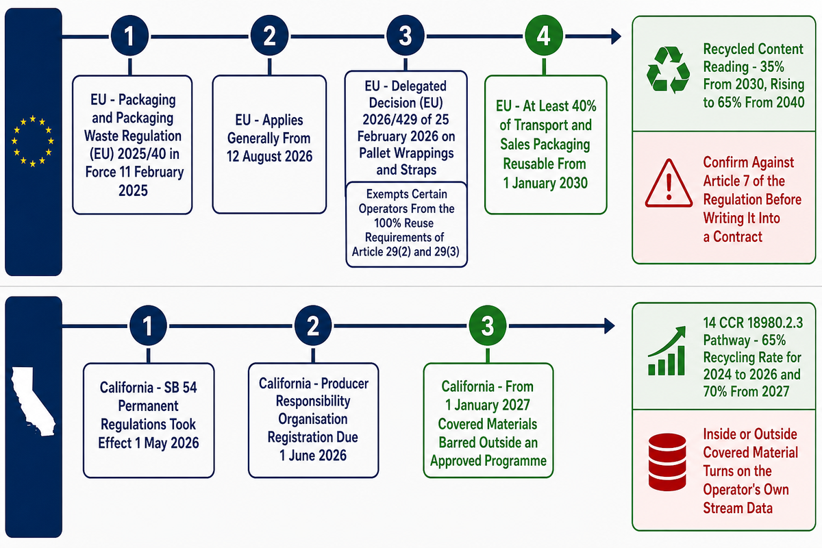 European Union and California regulatory timelines for strapping with confirmed and to-be-verified figures