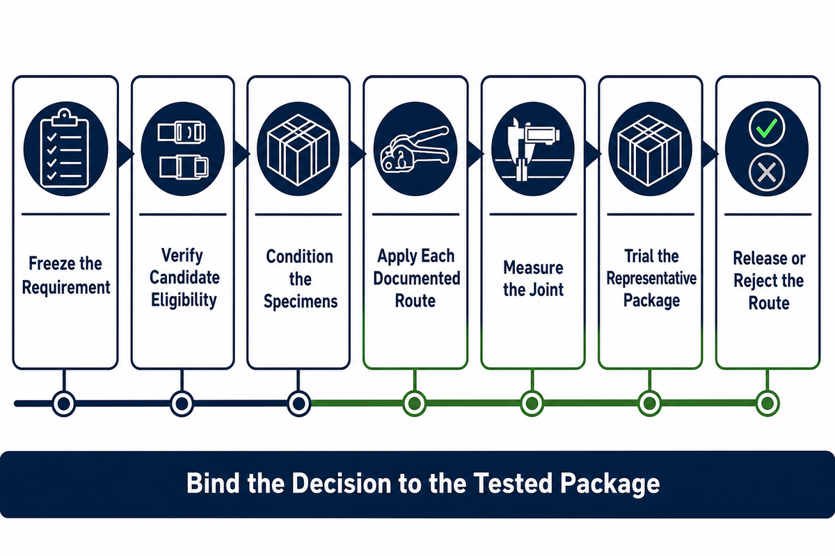 Seven-stage candidate trial for plastic and metal strapping closure systems