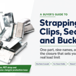 Serrated open strapping seals beside the guide title Strapping Clips, Seals and Buckles