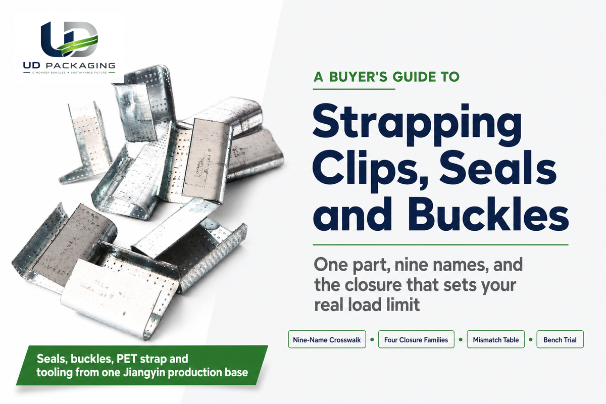 Serrated open strapping seals beside the guide title Strapping Clips, Seals and Buckles