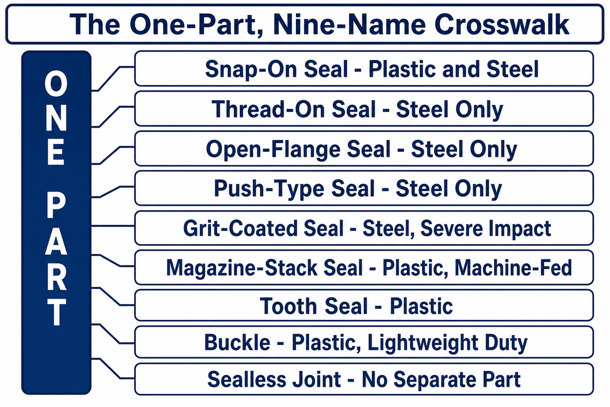 Nine catalogue names for one strapping closure, each mapped to the strap material it implies
