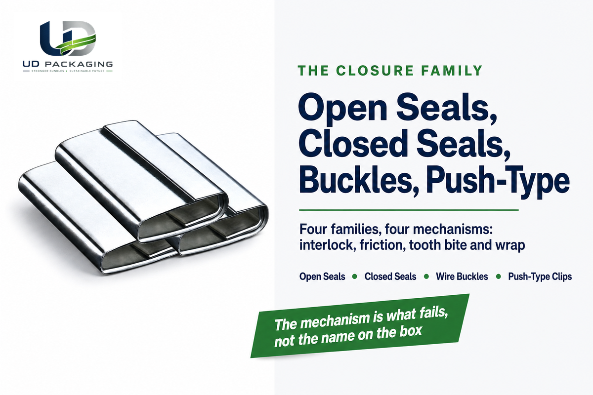 Three closed-sleeve steel strapping seals under the heading of the four closure families