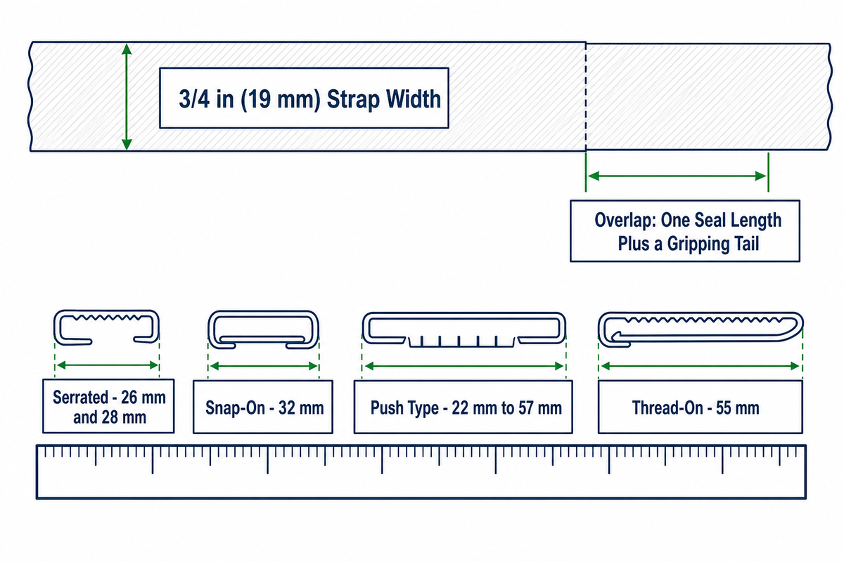Four seal types for one strap width drawn to their published lengths on a shared rule