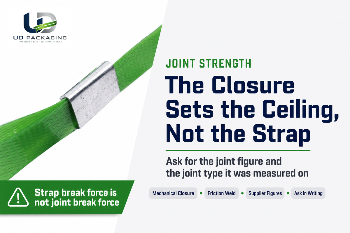 A metal seal crimped onto a green polyester strap under the heading on joint strength