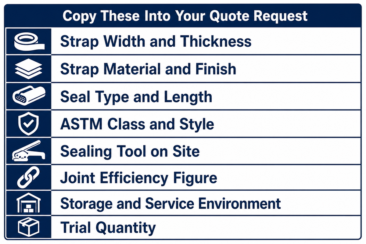 Eight parameters to state in a strapping closure quote request and how to verify each on delivery