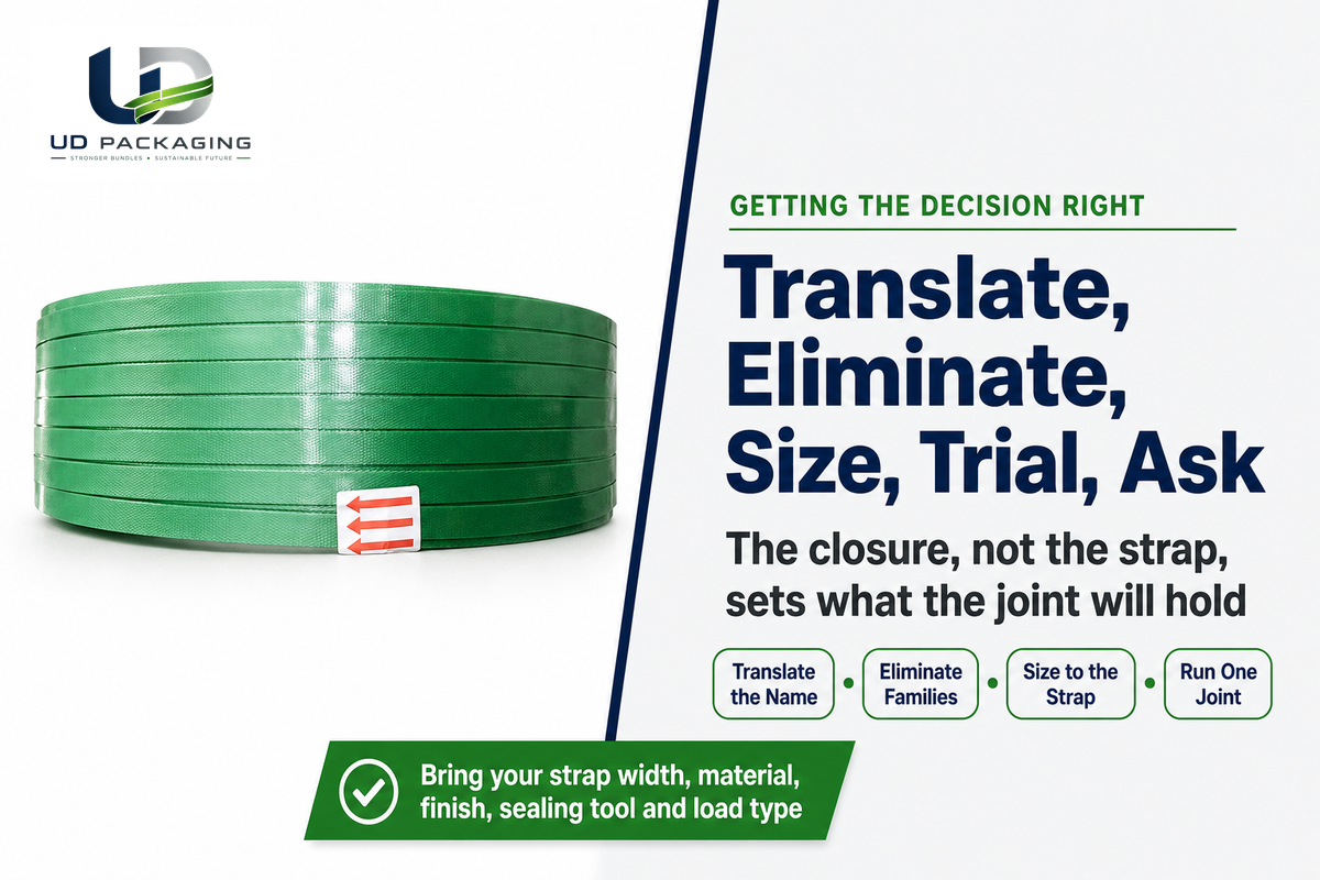 A coil of green polyester strapping under the closing decision checklist