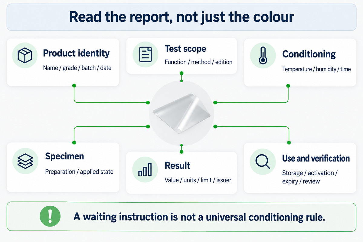 Gives six concrete test-report field groups and distinguishes product activation instructions from laboratory conditioning.