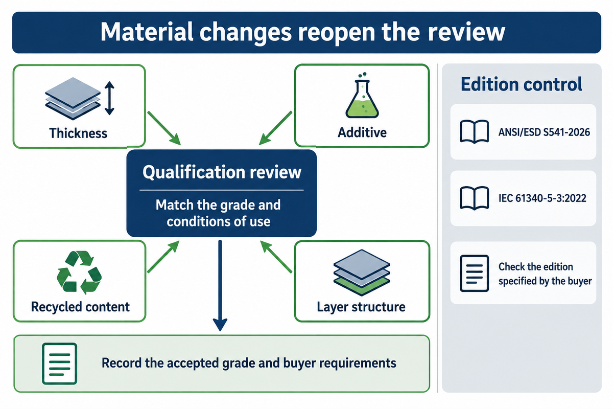 Makes four material-change triggers and buyer-specified standards-edition control actionable without treating a patent or newer formulation as approval.