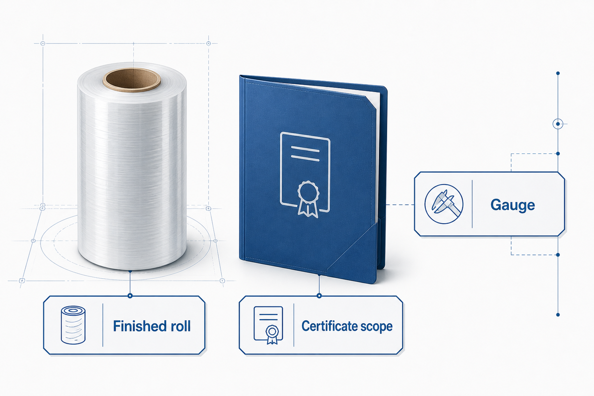 Certificate scope must match the finished stretch-film roll, gauge, width, core and additives.
