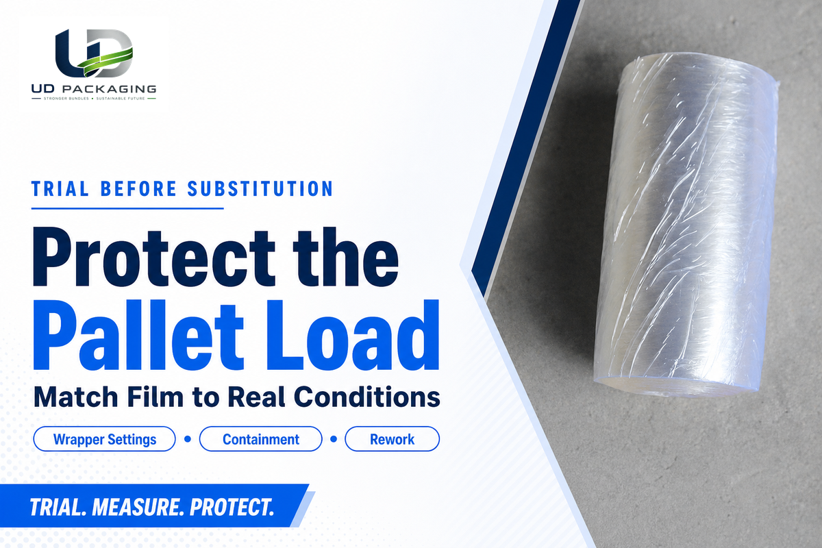 Stretch-film pallet trial checks wrapper settings, containment and rework before substitution.