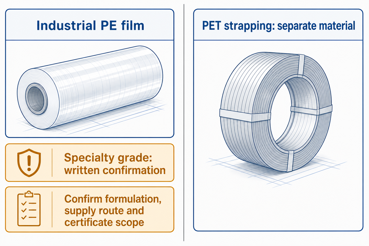 PE stretch film and PET strapping are separate scopes; specialty film needs written confirmation.