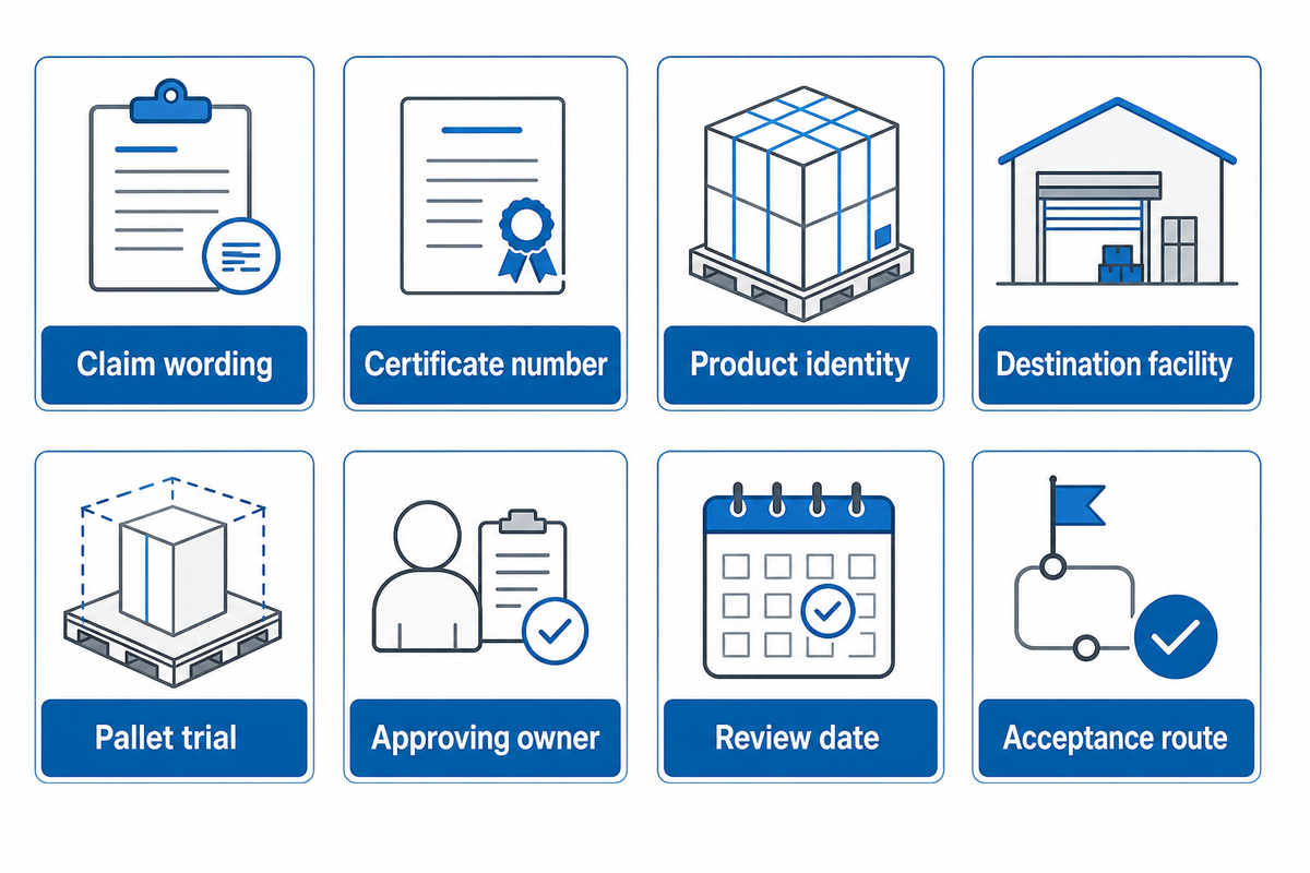 Decision record checklist for biodegradable stretch film: claim, certificate, product, facility, trial, owner and review date.