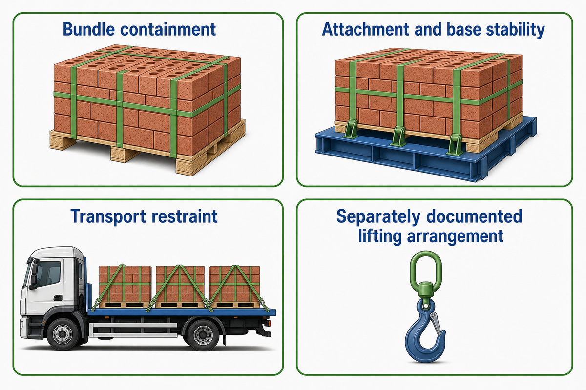 Bundle containment, pallet attachment, vehicle restraint and lifting arrangements need separate assessments.