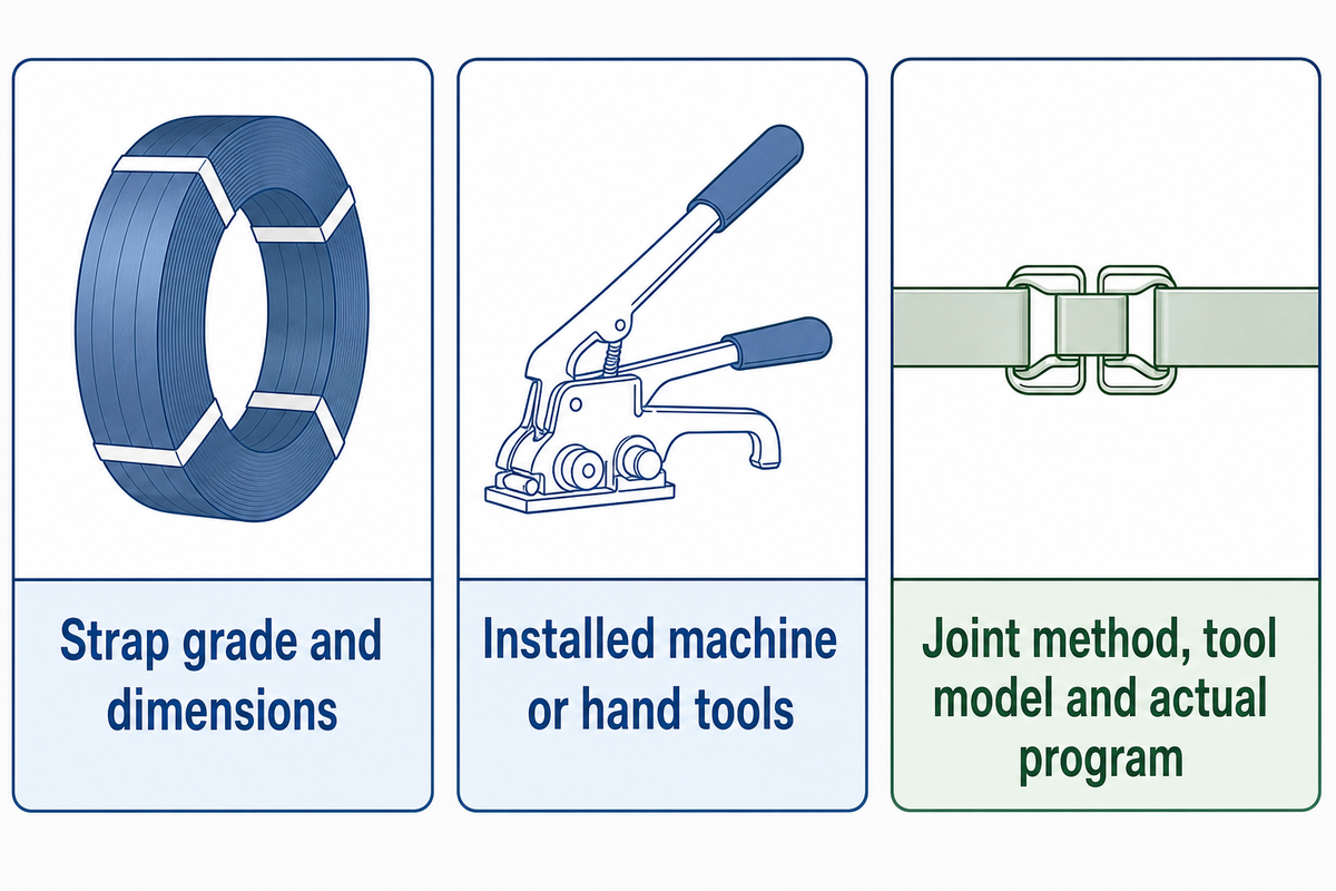 Match strap grade and dimensions to the installed tool, then document the joint method and program.