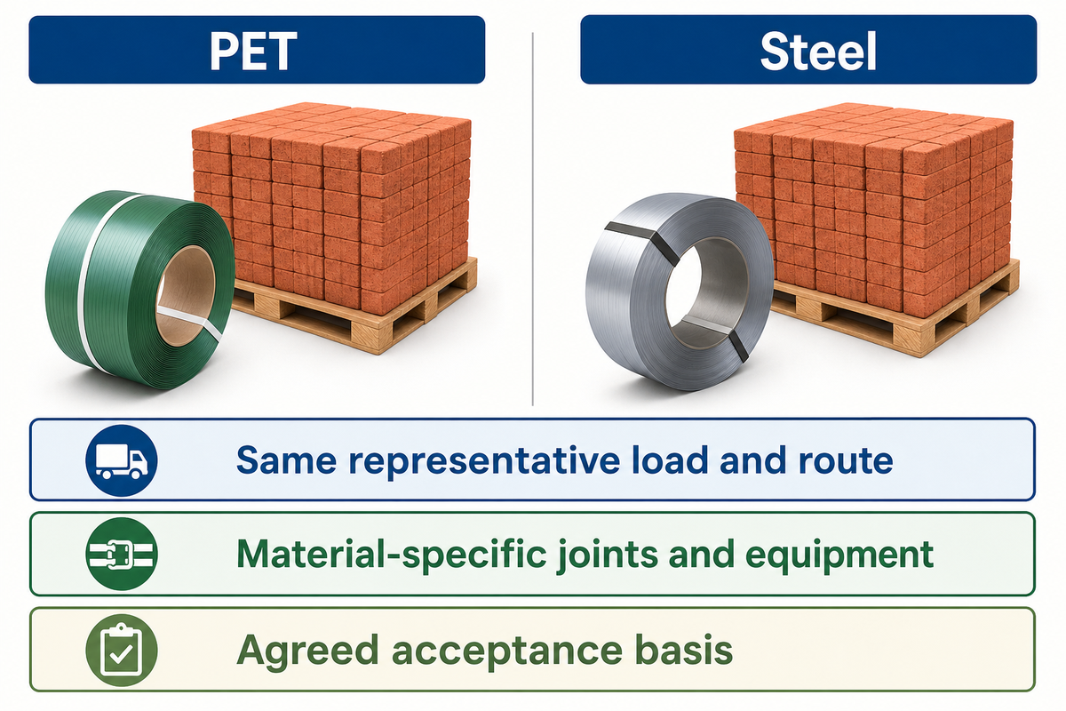 Compare PET and steel on the same representative load and route with material-specific joint evidence.