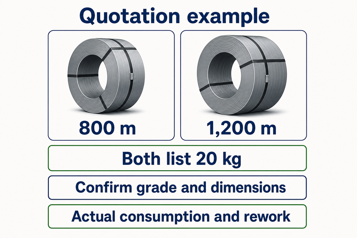 An 800 m roll and a 1,200 m roll describe different quantities even when both list 20 kg.