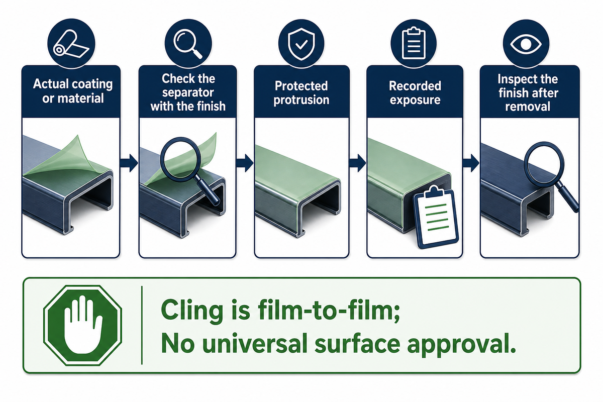 Inspect the finish after removing the film; cling and puncture measurements do not establish coating compatibility.