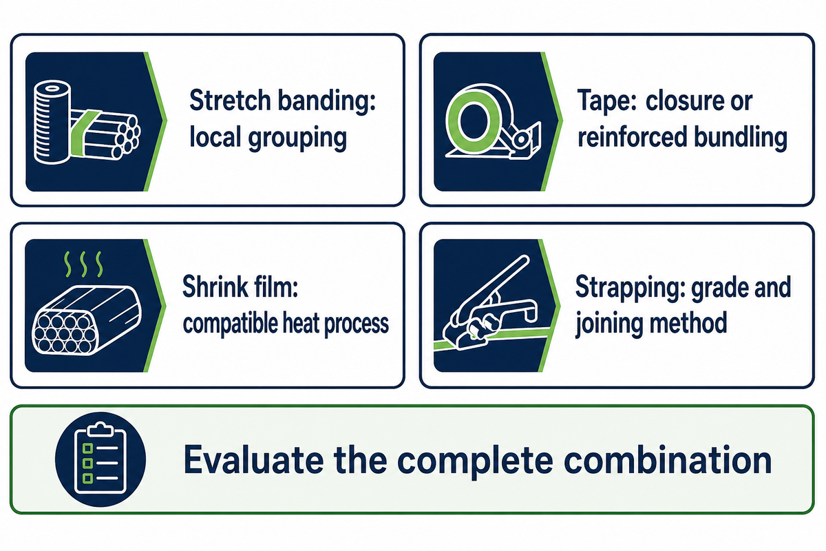 Select film, tape, shrink film or strapping by the required function, compatibility and complete-system acceptance.
