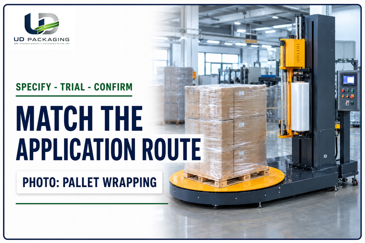 A pallet-wrapper photo illustrates a separate machine route; narrow hand rolls still need dispenser and format checks.