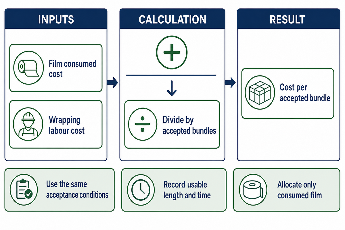 Compare consumed film plus wrapping labour per accepted bundle, using the same inspection and handling conditions.