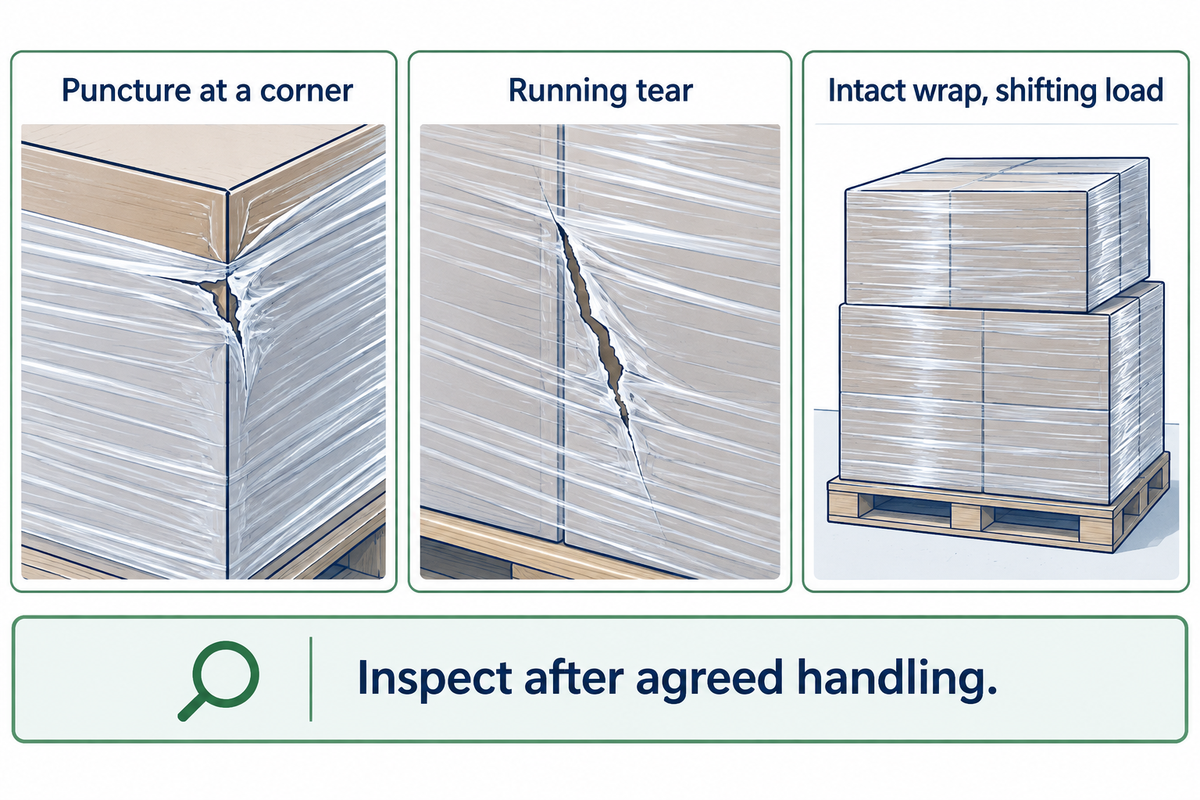 Puncture, tear and retained containment are separate checks; ASTM D5748 is a probe method, not a pallet pass.