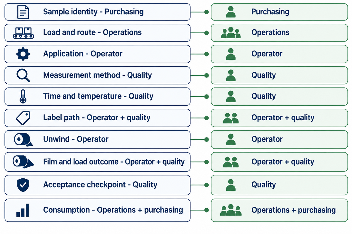 The trial record assigns sample identity, application, measurement, acceptance and consumption to named owners.