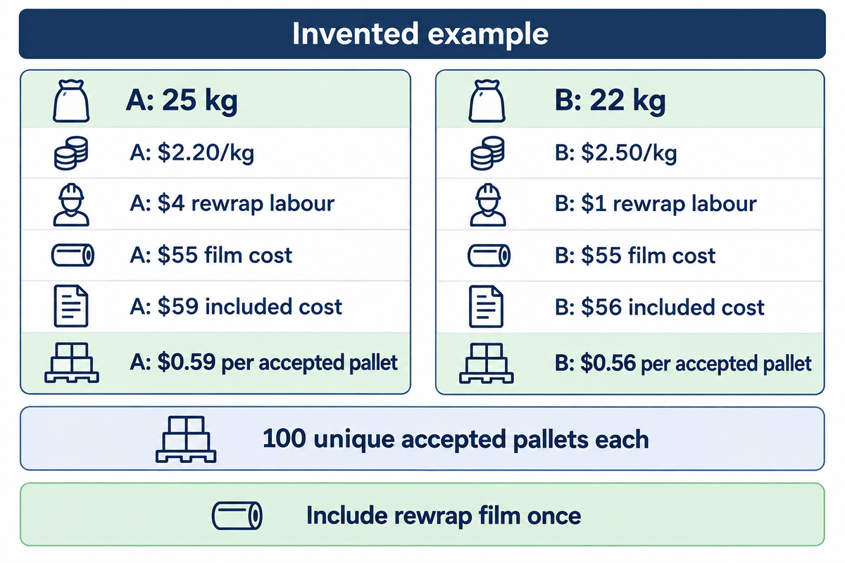 Assumed example: A costs $0.59 and B $0.56 per accepted pallet; both use100 unique accepted pallets.