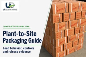 Construction and building packaging guide cover with a strapped palletized carton load