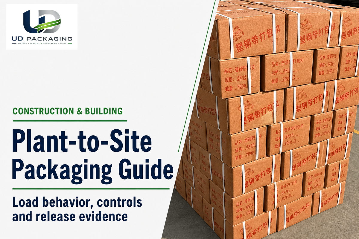 Construction and building packaging guide cover with a strapped palletized carton load