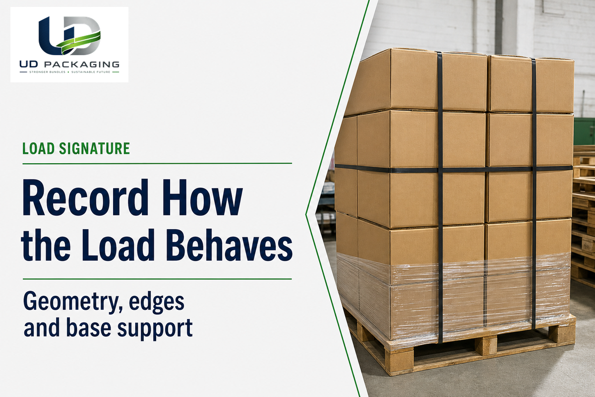 Load-signature poster with a real strapped carton pallet indoors