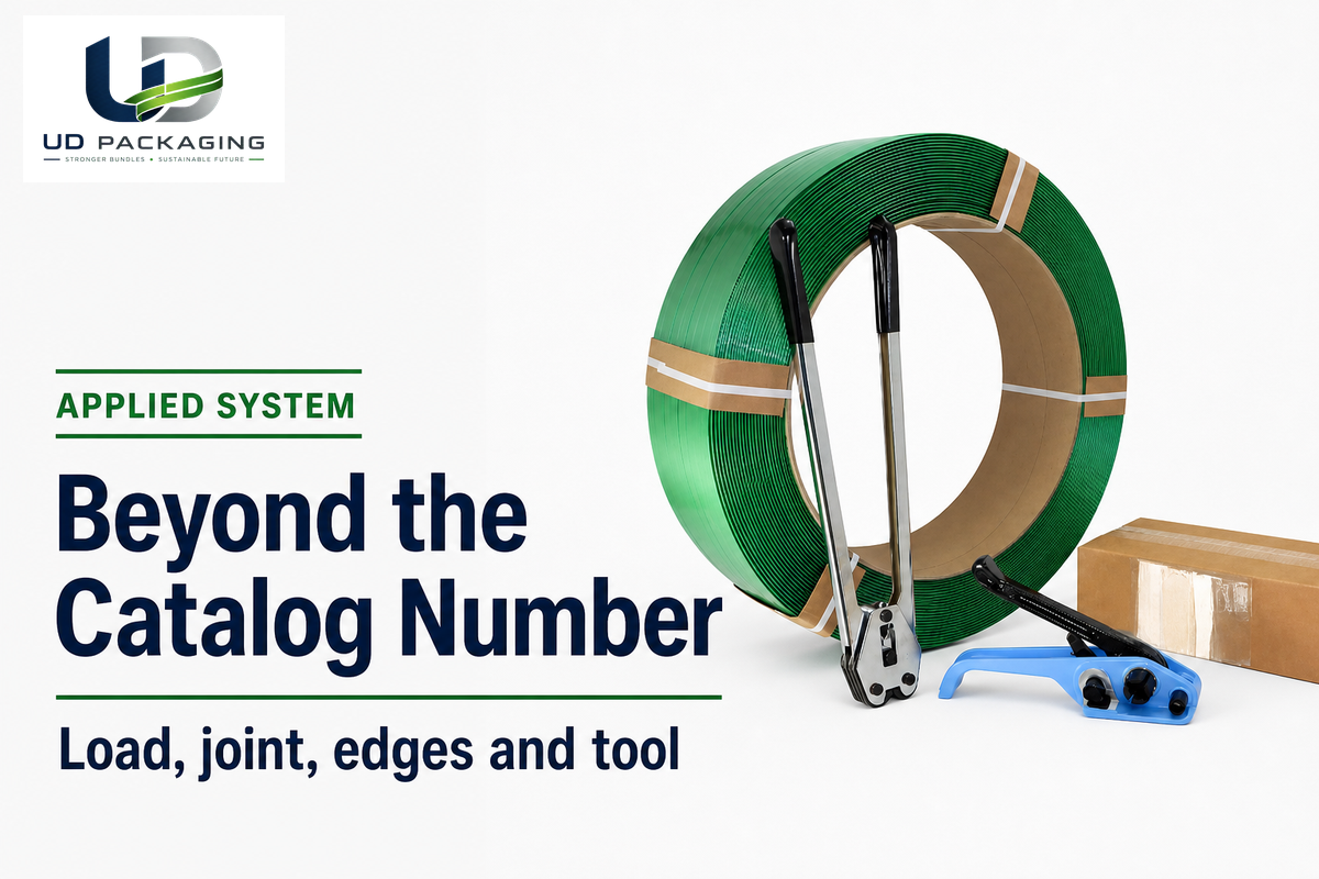 Applied-system poster showing a green PET strap coil and hand tools