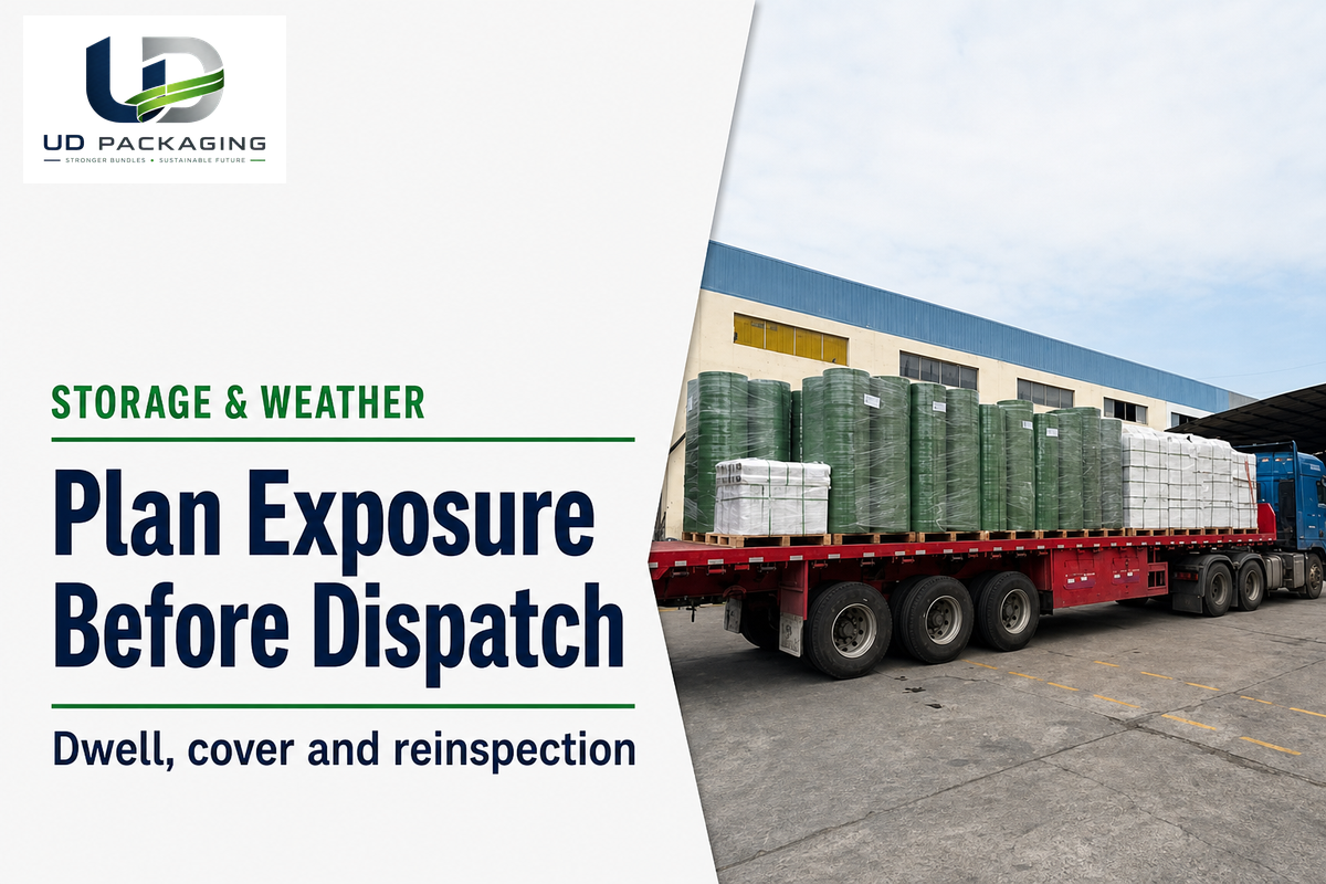 Storage and exposure planning poster with a truck carrying wrapped rolls and cartons