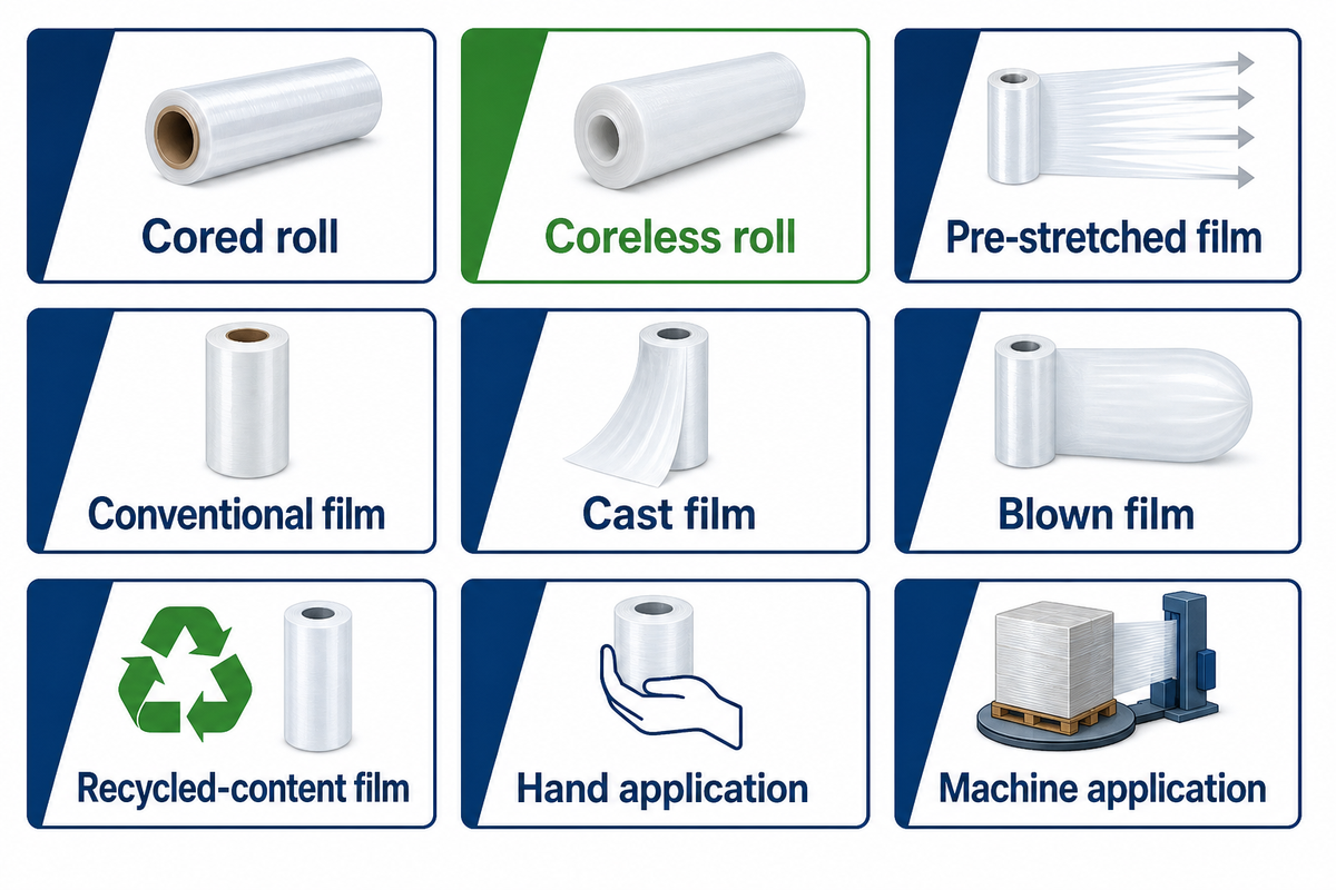 Coreless specifies the roll format; construction, pre-stretch, recycled content and application remain separate fields.