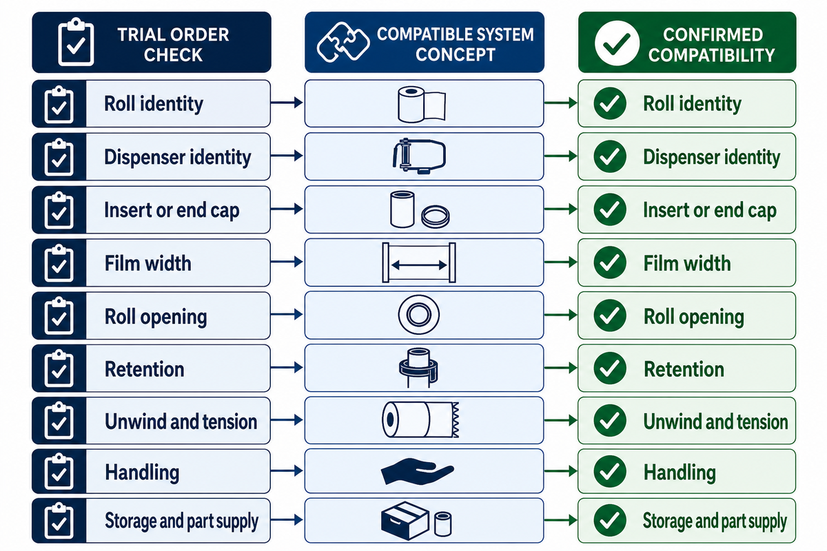 Match roll, dispenser and required parts; width alone cannot prove compatibility.