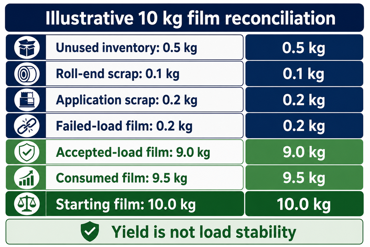 Hypothetical 10 kg batch: 0.5 kg remains inventory, 9.5 kg is consumed; material yield does not measure load stability.