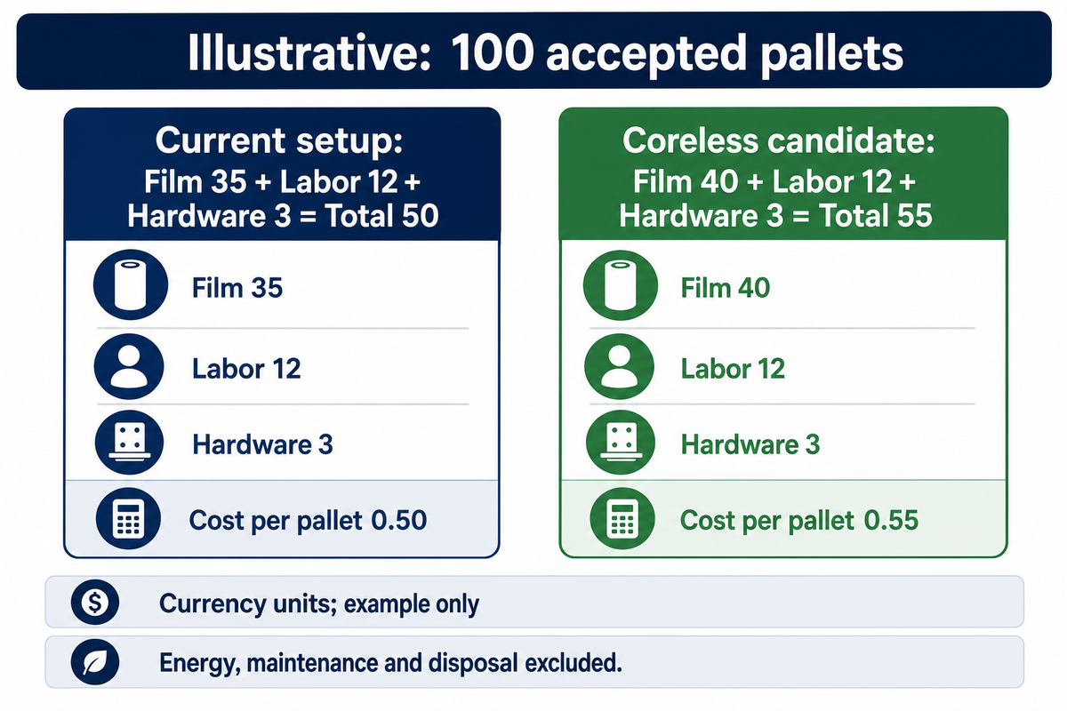 Hypothetical 100-pallet comparison: 0.50 vs 0.55 currency units per pallet; excluded costs are not assumed free.