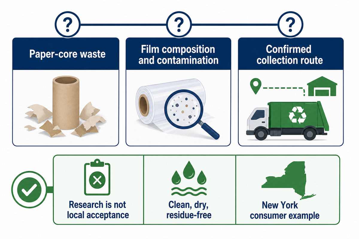 Paper-core reduction and film recycling are separate claims; confirm actual material acceptance with the receiver.
