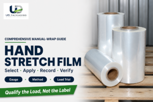 Hand stretch film guide connects roll identity, manual method, load trial and route evidence