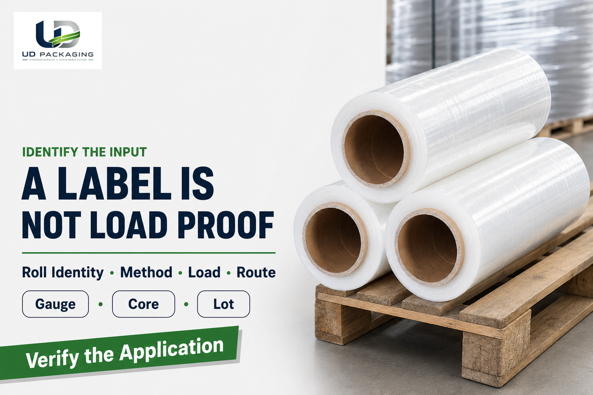 A hand stretch film label identifies the roll but does not qualify a specific load or route
