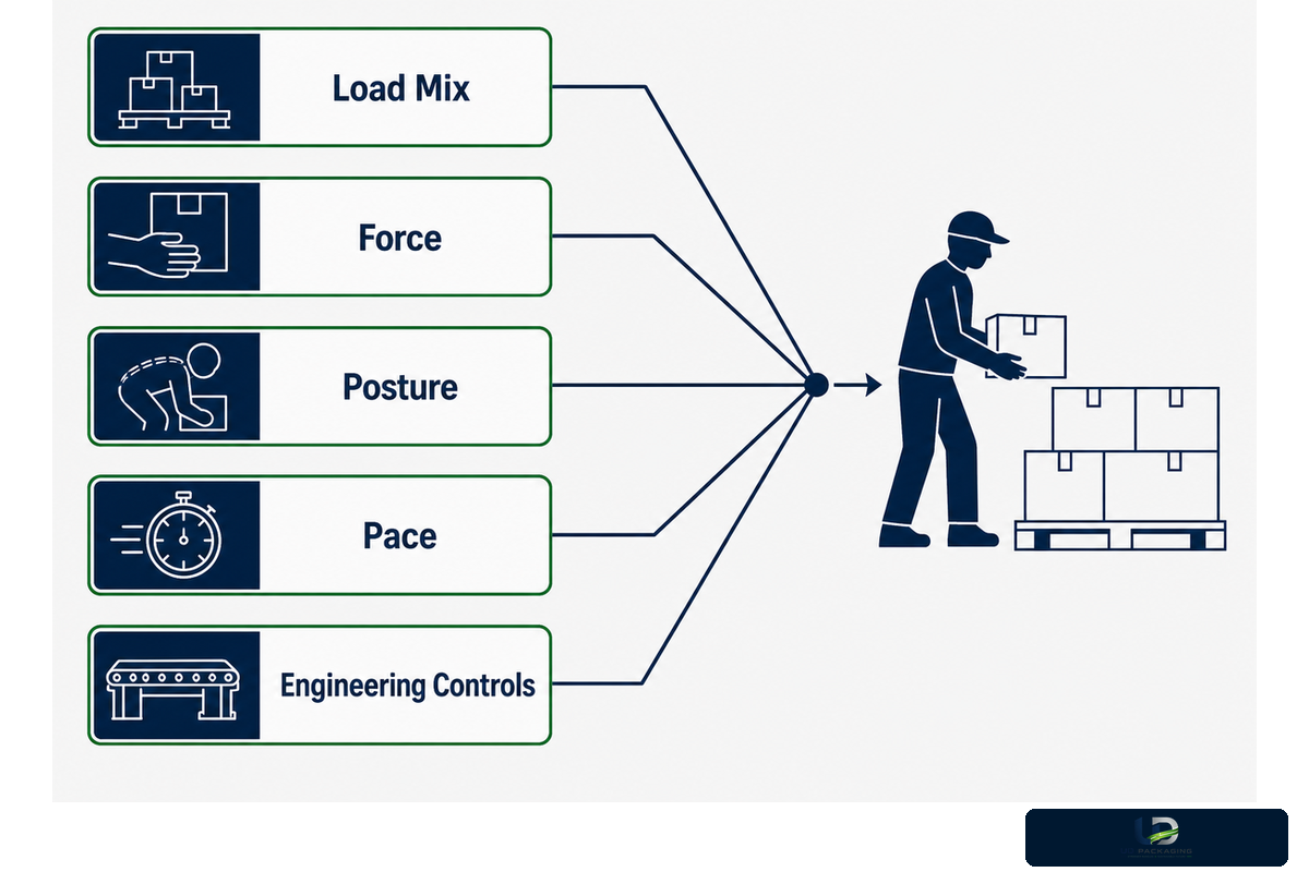 Manual wrapping fit review covers load mix, force, posture, pace and engineering controls
