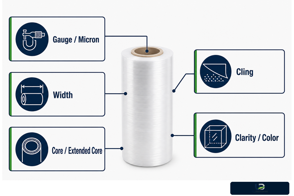 Gauge, width, core, cling and clarity identify a hand-film roll but do not prove load suitability