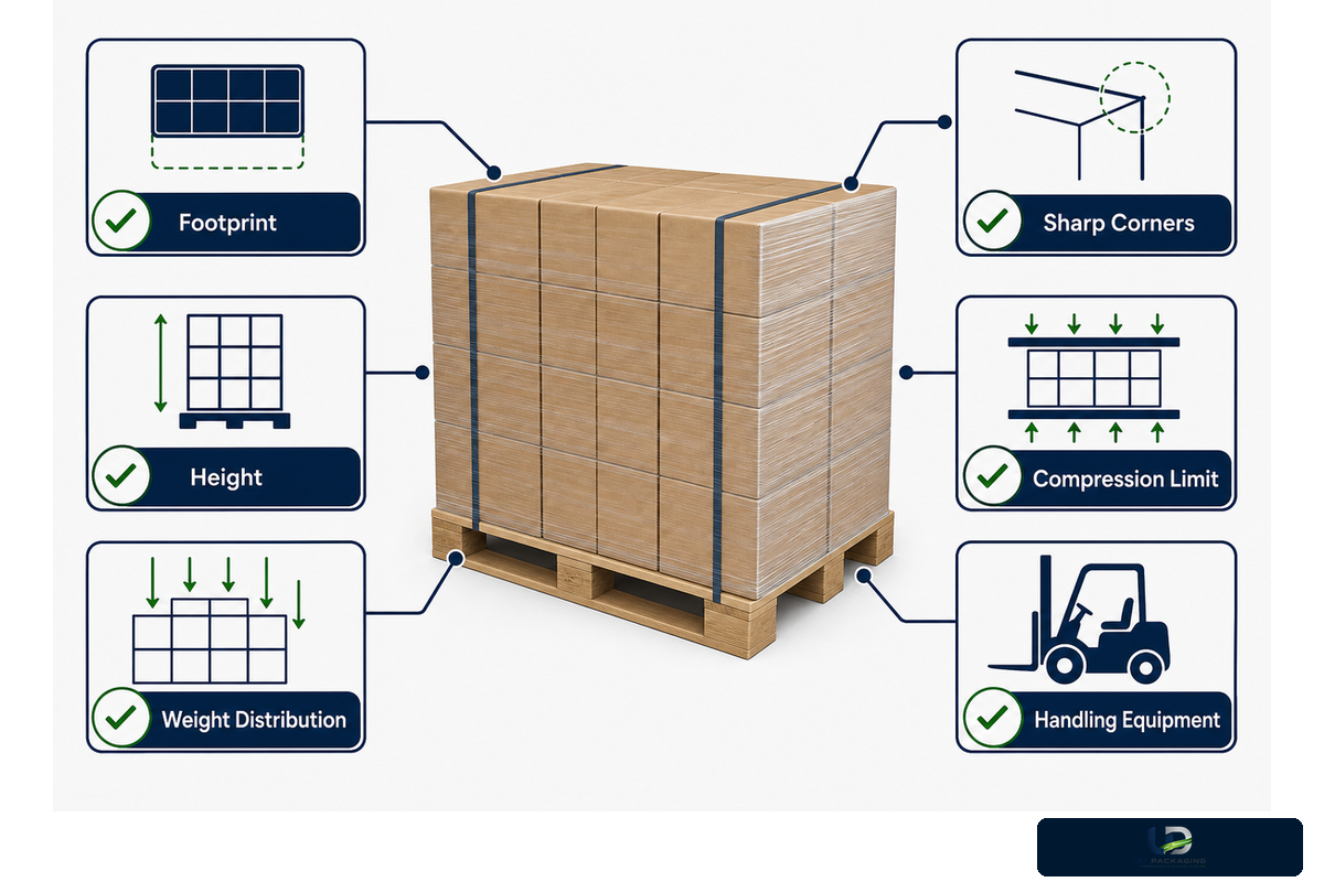 A hand-wrap load profile records footprint, height, weight distribution, edges and handling conditions