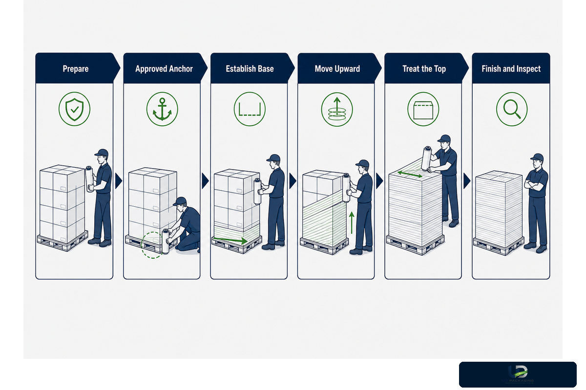 Six-stage manual pallet-wrap sequence runs from preparation and anchoring to final inspection