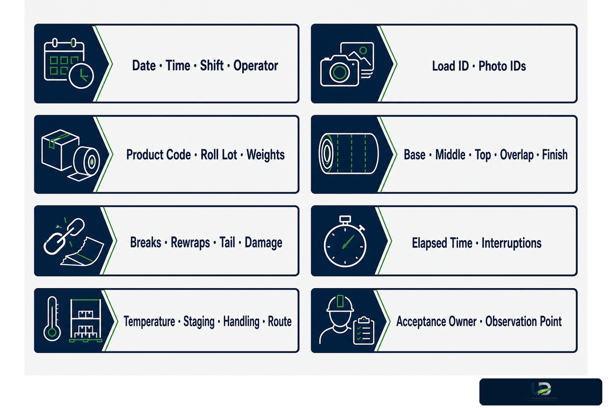 Eight-field hand-wrap consistency card links operator, roll, load, pattern, failures and route observations