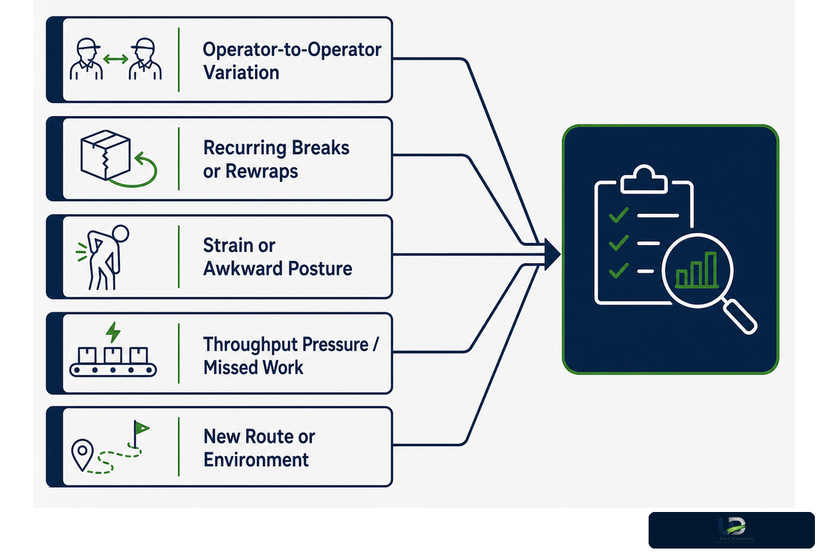 Five manual-wrap escalation triggers connect local variation, rewraps, strain, throughput and route evidence