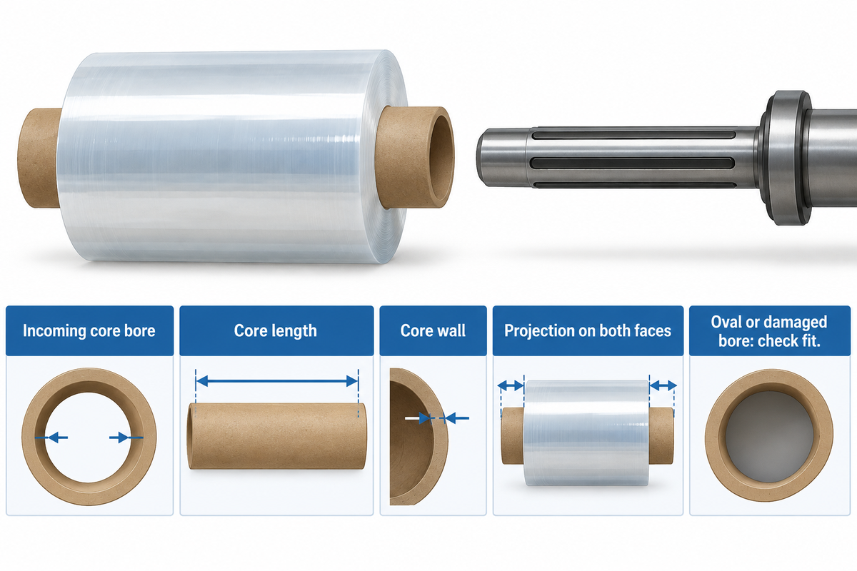 Incoming mother-roll paper core: verify bore, length, wall, projection and condition against the unwinder shaft or chuck.