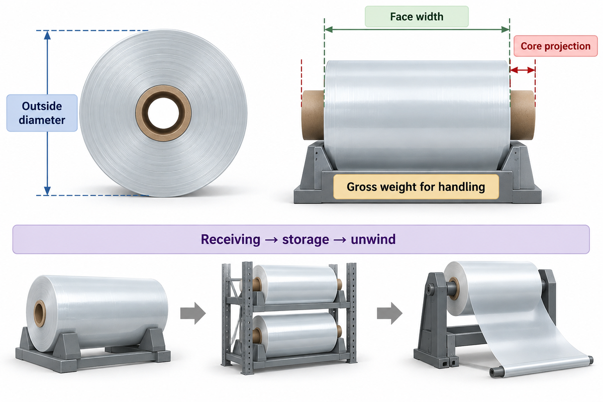 Check roll diameter, film face width, core projection and handling weight along the receiving-to-unwind route.