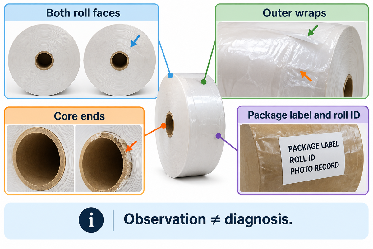 Record roll faces, outer wraps, core ends and package label at receipt; a shifted face is an observation, not a proven cause.