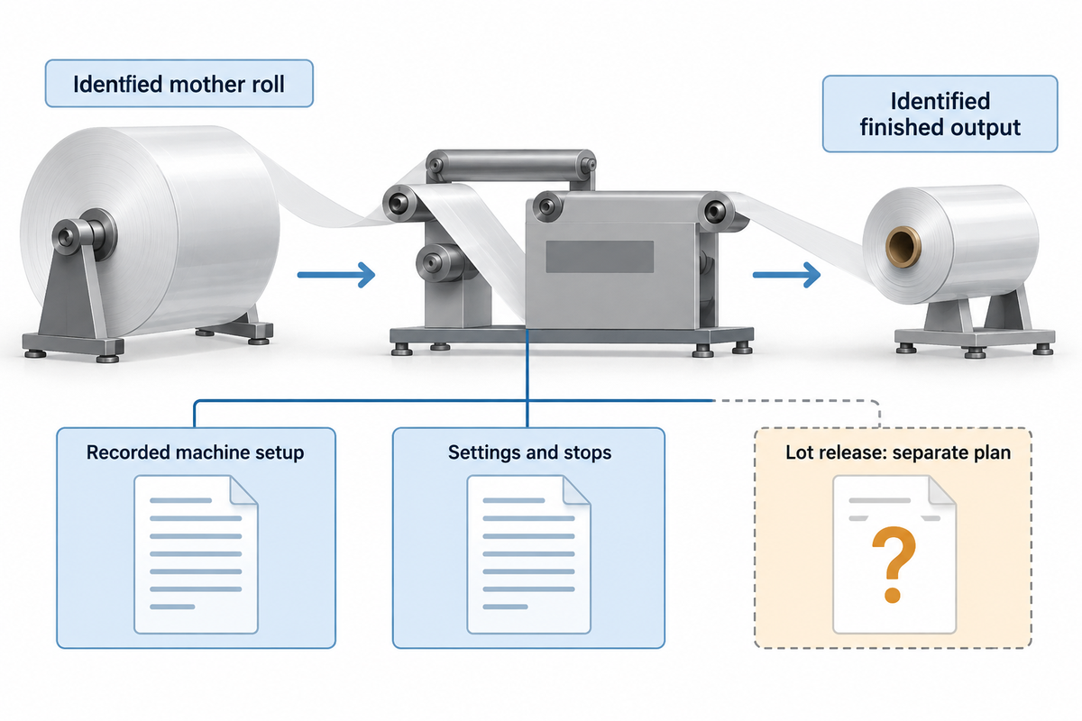 Trace an identified mother roll through recorded rewinder settings and finished output; lot release requires its own plan.